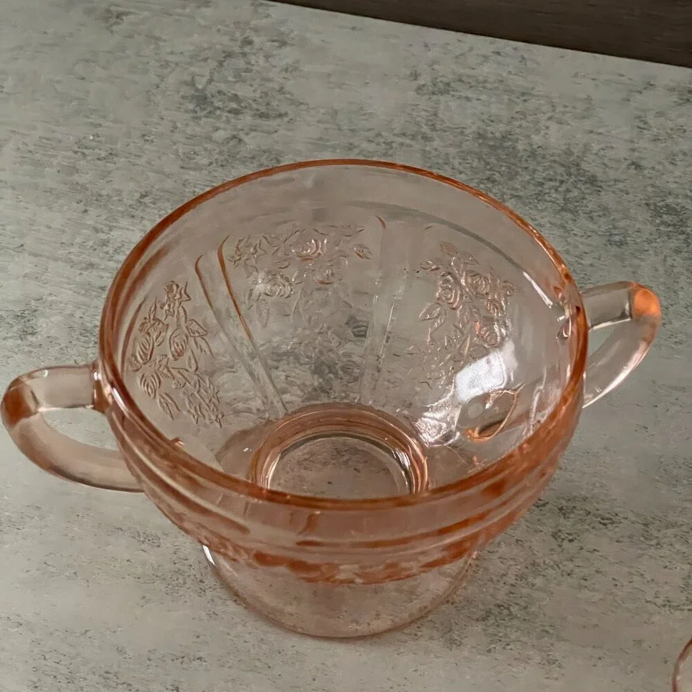 Vintage Federal Glass Pink Sharon Cabbage Rose Creamer Open Sugar Bowl 2-pc Set
